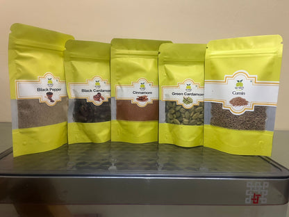 Whole Spices Combo pack 250 gm | 50 gm each of cumin, black pepper, Cinnamon, Black cardamom, cardamom |